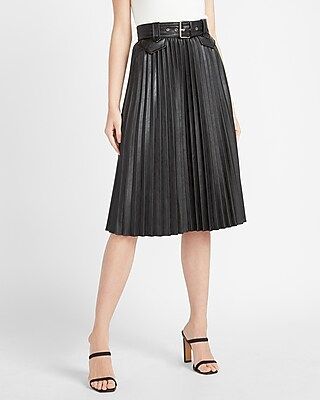 High Waisted Vegan Leather Belted Pleated Midi Skirt | Express