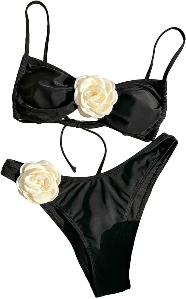 Women's 2 Piece Bikini Set High Waisted Bathing Suit Tie Back 3D Rose High Cut Thong Bikini Swims... | Amazon (US)