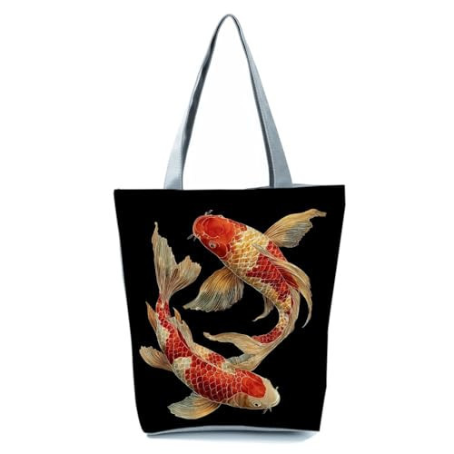 Hlizphor Koi Fish Tote Bag Two Carp Red Gold Fish Art Print Handbag Zipper Closure Shoulder Bag for Women Birthday Present Casual Everyday Tote | Amazon (US)