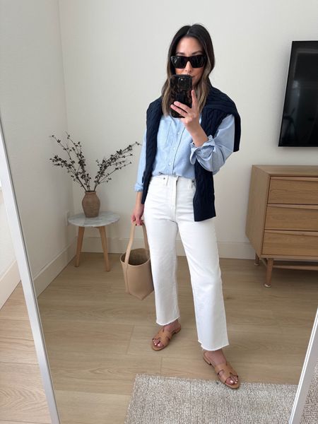 How to style white jeans. J.crew slim wide jeans. Comfy and flattering. Run tts. 

Everlane shirt xs
J.crew jeans petite 24
Patricia Green sandals 36 (sold out)
The Row tote small
J.crew sweater xs

Spring outfits, spring style, jeans 

#LTKSeasonal #LTKshoecrush #LTKitbag