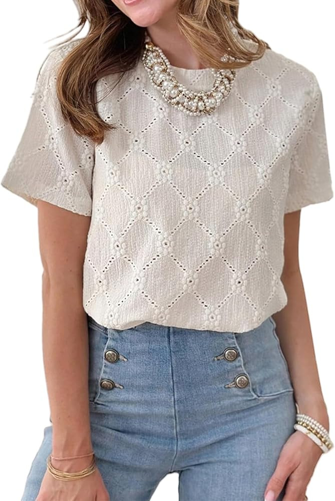 Womens Summer Tops Trendy Hollow Out Print Crew Neck Short Sleeve T-Shirts Casual Loose Solid Col... | Amazon (US)