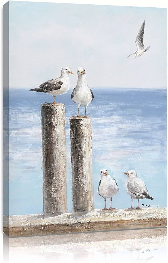 Yidepot Seagull Relaxing On The Pier Painting Picture Sea Birds Beach Themed Wall Art Poster Calm... | Amazon (US)