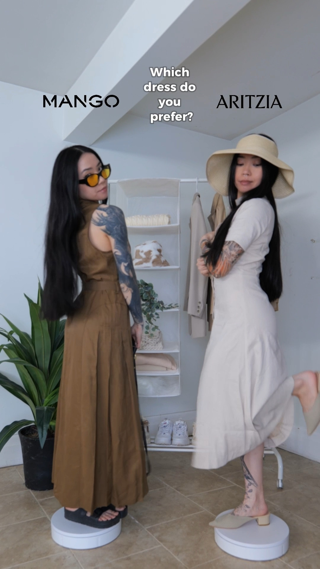 Linen dress Inspo! 

Left look:
Dress: MANGO (can’t find the exact dress online so I found a similar looking one) 
Glasses: Vakenelli
Sandals: SHEIN
Purse: SHEIN

Right look:
Dress: Aritzia
Shoes: TIJN
Hat: Temu 
Bag: ROMWE 