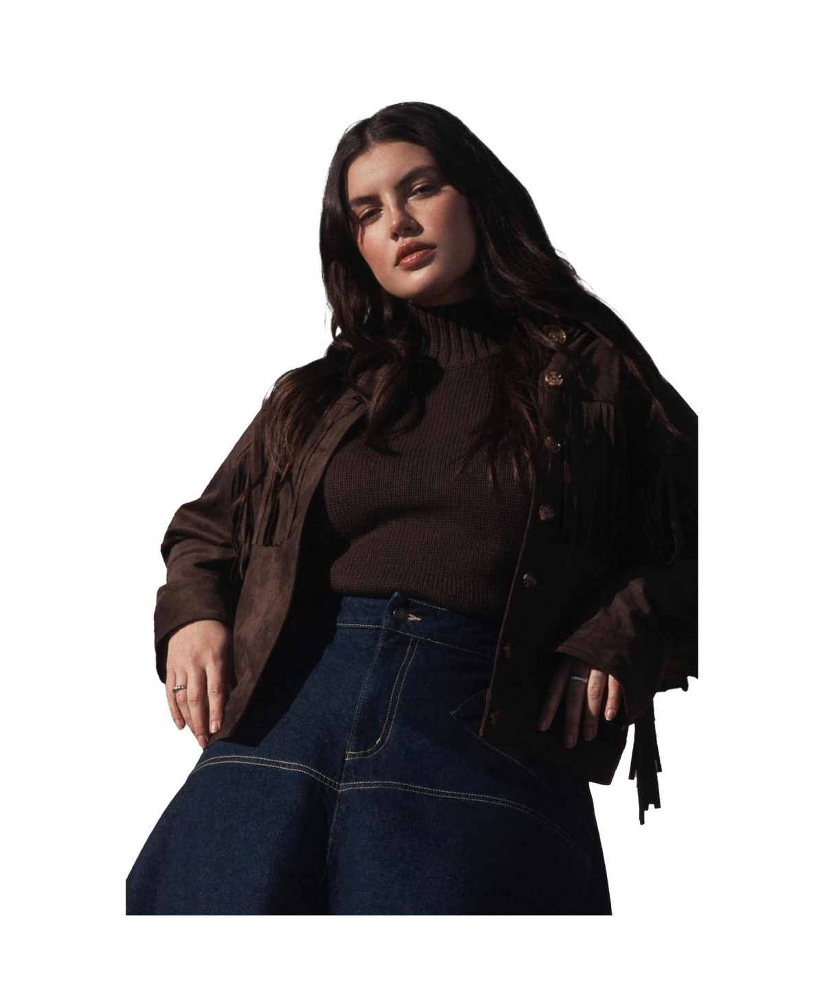 Eloquii Women's Faux Suede Fringe Jacket - Chocolate brown | Macy's