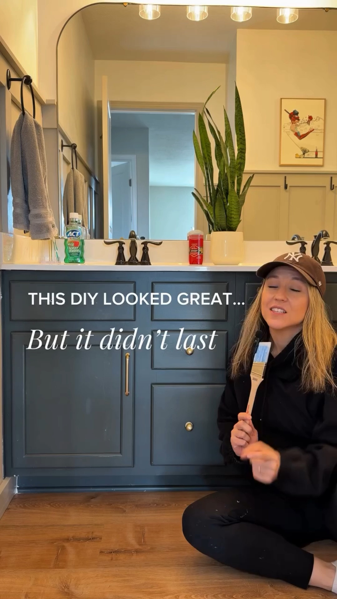 This DIY looked great at first… but it didn’t last.

Missing hardware, chipped paint, and some bad prep meant it was time for a DIY Do-Over.

So this is Episode 1. Stay tuned for Episode 2… it’s a really good one.

Because sometimes the best DIYs start with fixing the ones that didn’t work the first time.

Here’s what I did right this time:

✨ Clean with a degreaser + sand with 220 grit
✨ Prime with @zinsser BIN Shellac primer (wear a mask though… it’s smelly 😅)
✨ Add a topcoat to the paint — I used @minwaxusa water-based poly in satin
✨ Actually install the hardware so it’s not loose

Comment BATHROOM for a link to everything I used