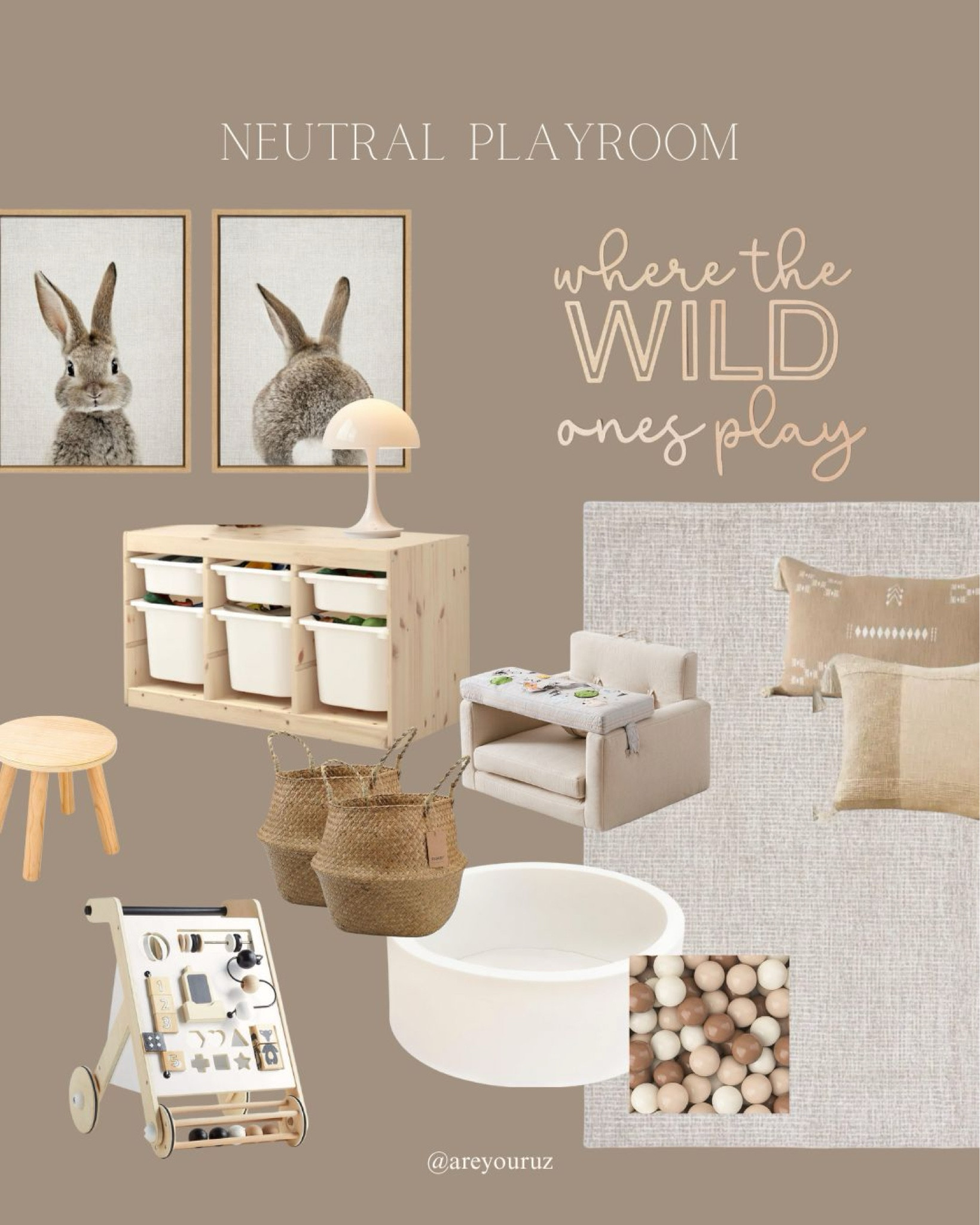 Neutral playroom 
Ikea wooden toy storage (I got 3):
https://ingka.page.link/CJUauCyW4y8seoyeA

Pillows from Cozey: https://www.cozey.ca/product/accessories/in-ss23/boho-bliss-style-set