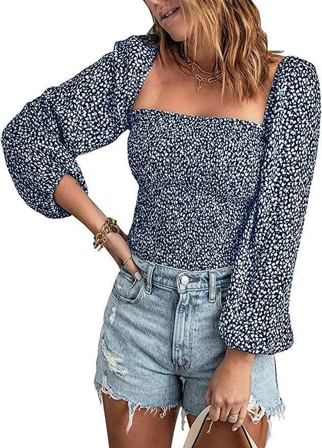 EVALESS Blouses for Women Puff Long Sleeve Square Neck Tops Off The Shoulder Floral Ladies Tops a... | Amazon (US)