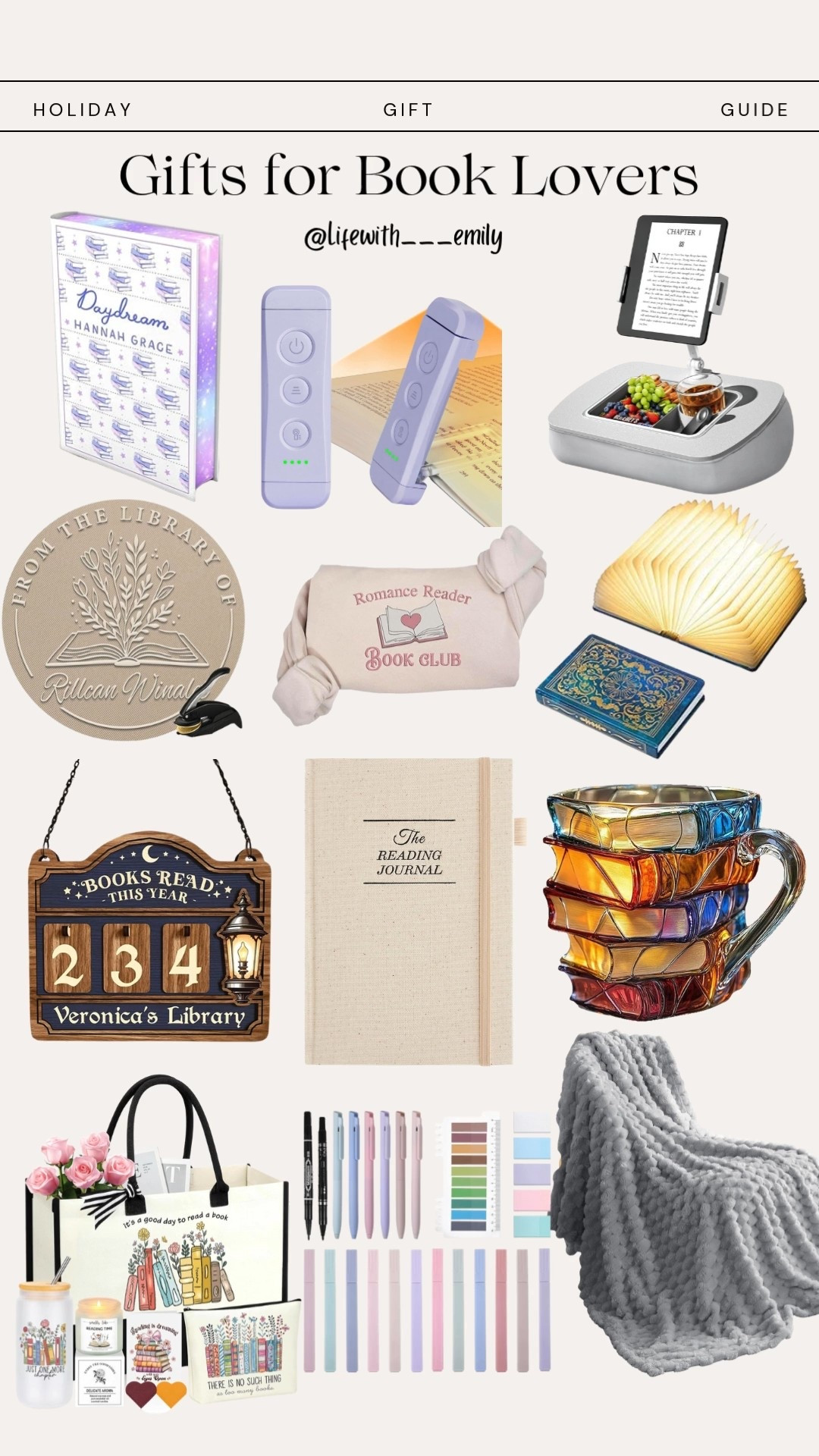 Gift Guide, Gift Ideas for Book Lovers, Book Lovers Gift Guide, Book Embossers, Special Edition Books, Book Mug, Reading Journal, Night book light, Kindle book stand, book lamp light, comfortable throw blanket, “Books Read This Year” sign, Book Lover annotation gift set, Gifts for Book Lovers. 

#LTKHoliday #LTKGiftGuide #LTKCyberWeek