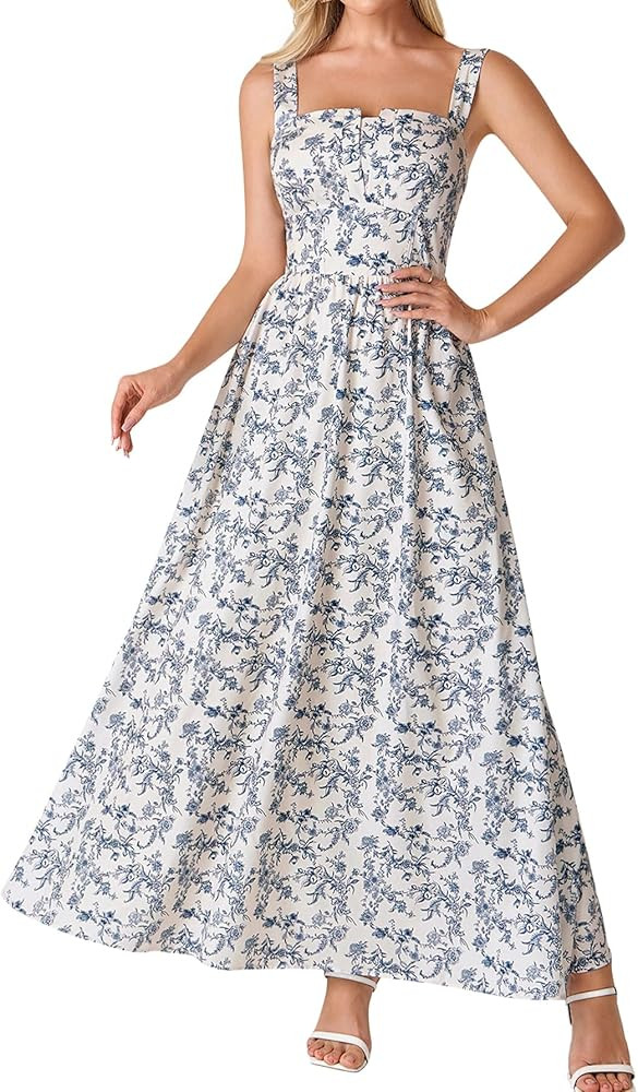 EYNMIN Floral Maxi Corset Wedding Guest Dresses for Women 2026 Summer Spring Smocked Long Flowy A... | Amazon (US)