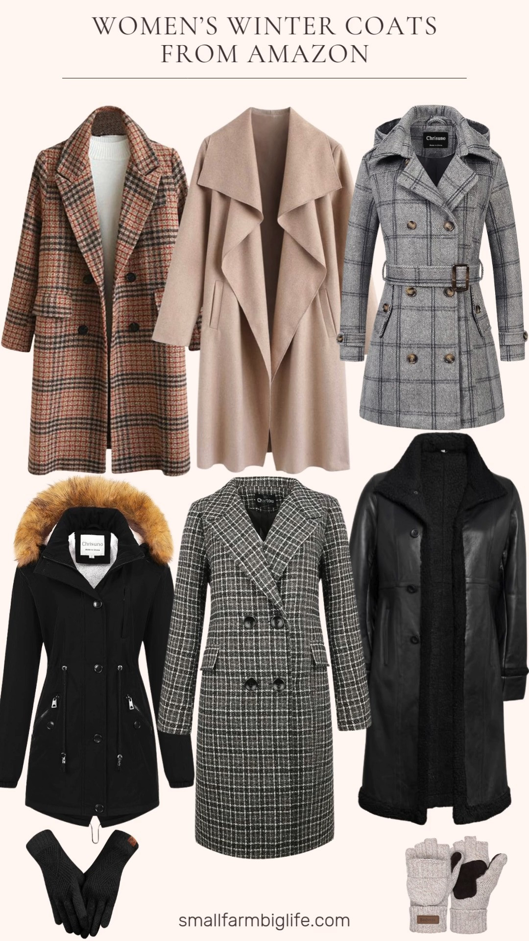 Winter coat roundup from Amazon because cold weather chic is a whole mood ❄️🧥 From grey + black plaid double breasted pea coat with a hood, oversized plaid trench, wool blend plaid long peacoat, wide lapel open front trench, the sleekest black lambskin long leather jacket, and a black mid length military parka with a fur- lined hood. Warm, stylish, and ready for every winter outfit moment. 

 #LTKSeasonal #LTKOver40 #LTKWorkwear