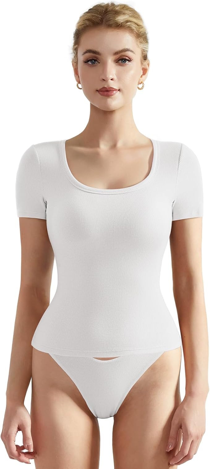 SUUKSESS Women Cotton Ribbed Scoop Neck Short Sleeve Top 2025 Summer Basic T Shirt | Amazon (US)