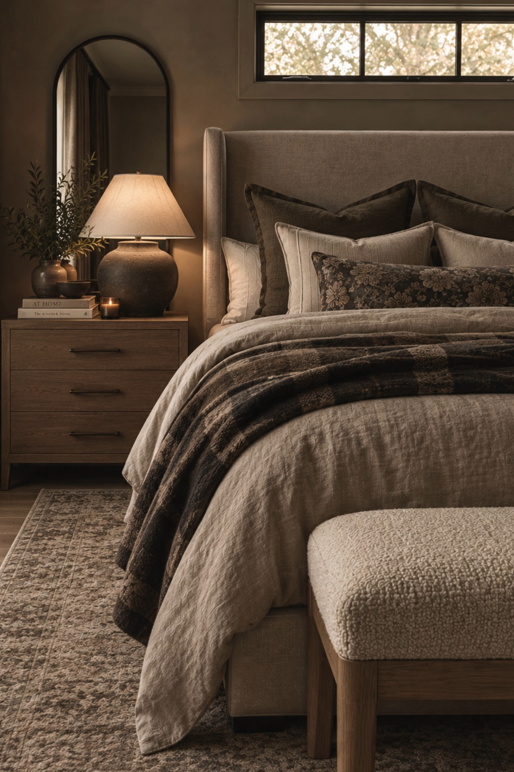Warm Neutral Bedroom Inspiration 🤎 This cozy bedroom layers organic modern style with elevated transitional details, featuring a tall upholstered wingback bed, creamy textured bedding, chocolate brown pillows, a floral lumbar pillow, and a richly patterned throw. A warm wood nightstand, oversized ceramic table lamp, arched floor mirror, vintage-inspired area rug, soft linen curtains, and a boucle bench create a sophisticated retreat filled with inviting texture and earthy neutral tones. 🖤 If you want to see more content like this, FOLLOW maeveandmodern on LTK, Instagram, and Pinterest! Check out our blog where we post daily, maeveandmodern.com! Warm Neutral Bedroom | Organic Modern Bedroom | Cozy Bedroom Ideas | Neutral Bedroom Decor | Earth Tone Bedroom | Brown Bedroom Decor | Upholstered Bed | Wingback Bed | Layered Bedding | Cream Bedding | Chocolate Brown Pillows | Floral Lumbar Pillow | Patterned Throw Blanket | Boucle Bench | Bedroom Bench | Wood Nightstand | Ceramic Table Lamp | Arched Floor Mirror | Vintage Inspired Rug | Neutral Area Rug | Linen Curtains | Cozy Luxury Bedroom | Transitional Bedroom | Modern Traditional Bedroom | Textured Bedding | Designer Bedroom Inspiration | Fall Bedroom Decor | Moody Neutral Bedroom | Timeless Home Decor | Bedroom Refresh

#LTKHome #LTKSaleAlert #LTKSeasonal