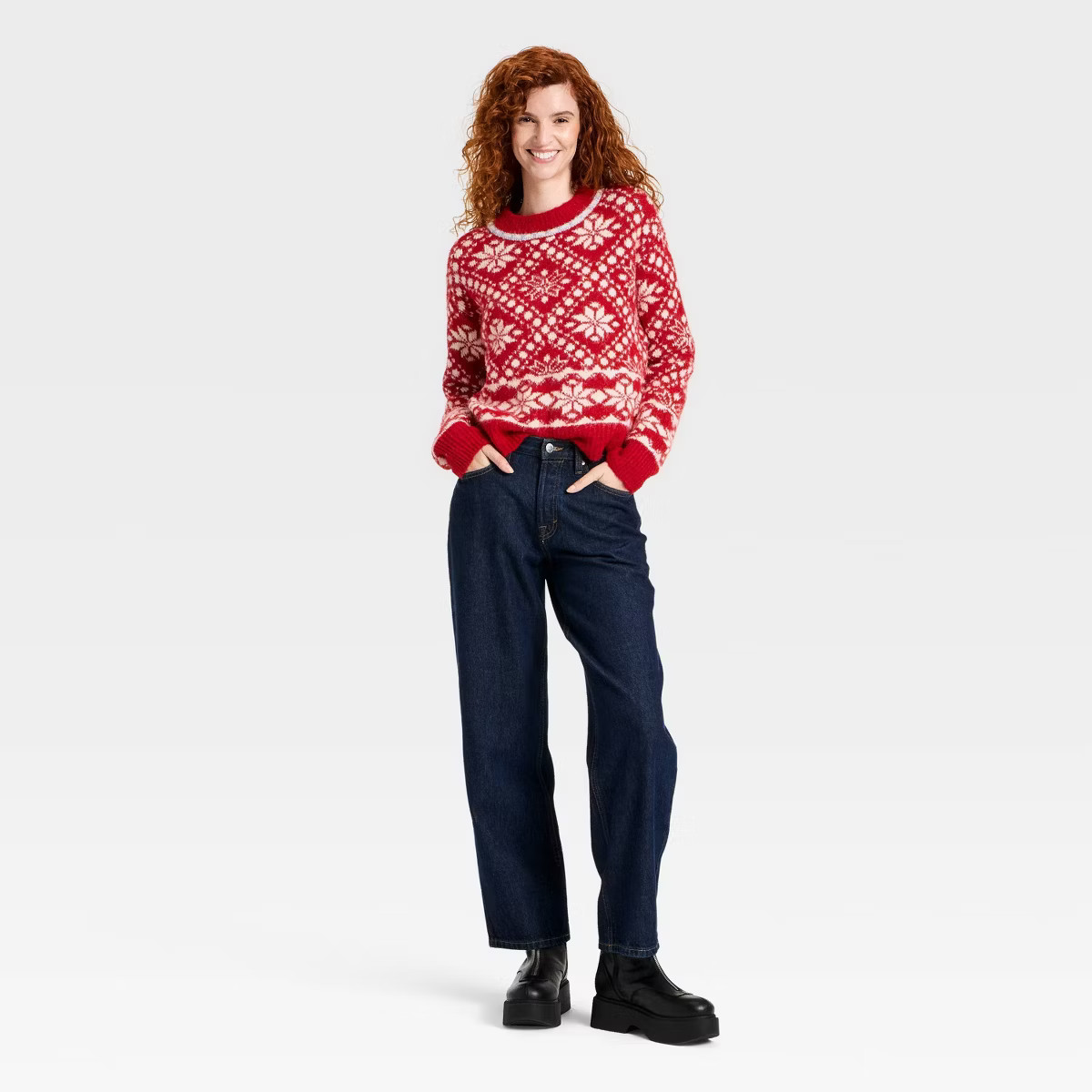 Women's Long Sleeve Cozy Alpine Snowflake Crewneck Pullover Sweater - Universal Thread™ Red | Target