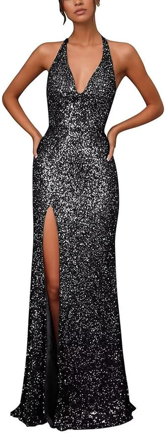 Sequin Halter Prom Dresses for Teens Mermaid Cocktail Dress for Women Corset Long Ball Gown with ... | Amazon (US)