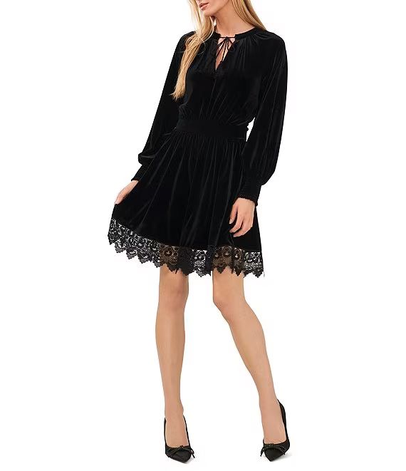 Lace Trim Velvet Self-Tie Split Tassel Neck Fit and Flare Dress | Dillard's