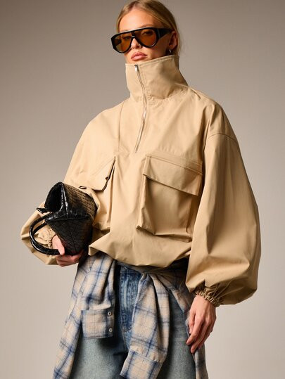 AiiRZ Women's Oversized Utility Track Top With Bellow Chest Pockets Half Zip Stand Collar Lightwe... | SHEIN