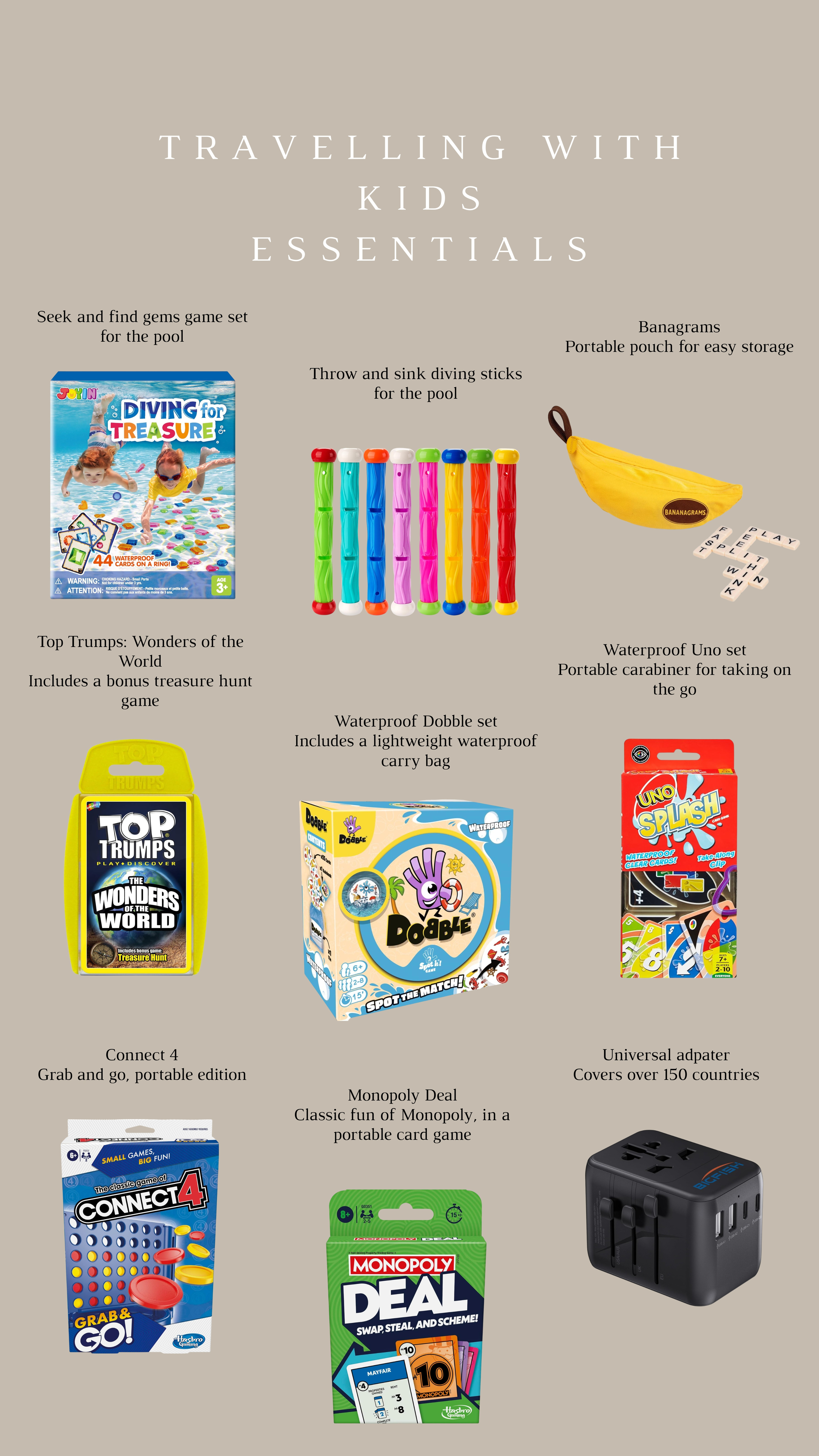 Travelling with Kids: Essentials

kids games, board games, pool games, aeroplane games, aeroplane entertainment, kids entertainment, screen free 

 #LTKsummer #LTKtravel #LTKkids