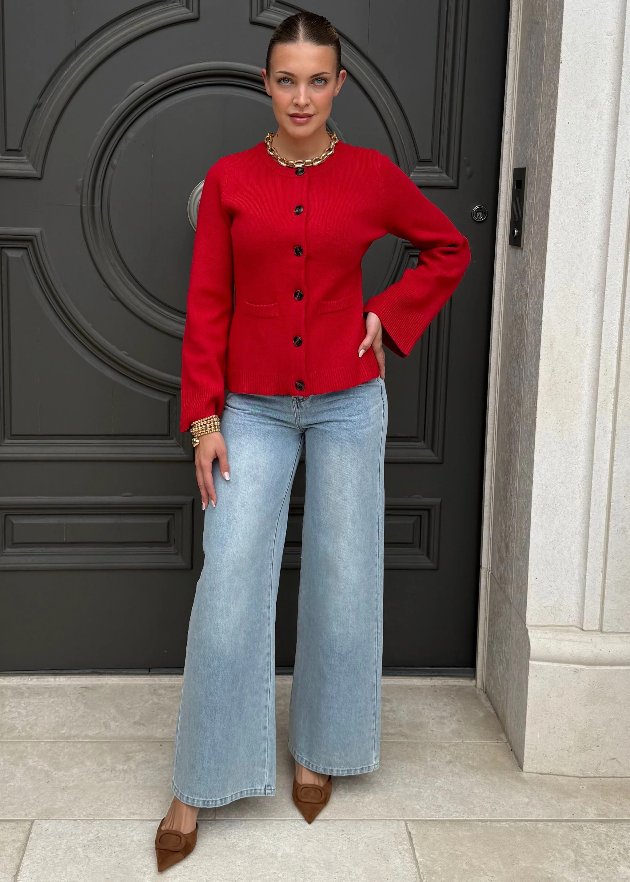 Maeve Long Flare Sleeve Knit Button Down Cardigan - Red | Benaar La