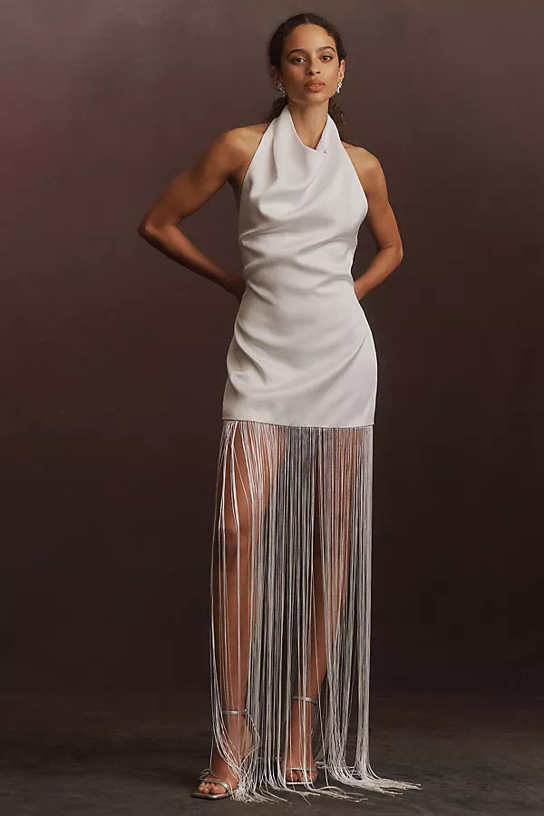 ILA Anika Halter Fringe Satin Maxi Dress | Anthropologie (US)