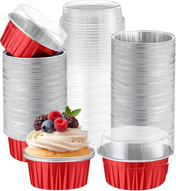 200 Pack Aluminum Foil Cupcake Liners with Lids, 5 oz Round Baking Cup, Disposable Ramekin Contai... | Amazon (US)