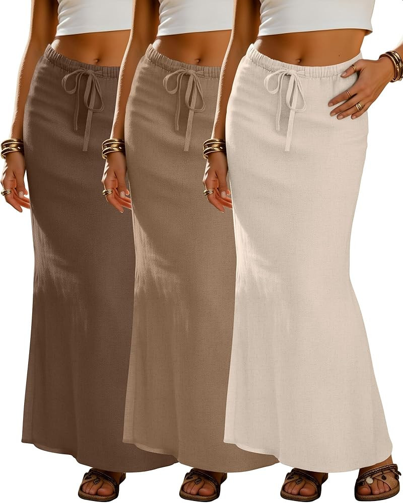 3 Pack Women's Maxi Skirt Cotton Linen Blend Long Skirts Summer Drawstring Ankle Length Casual Fl... | Amazon (US)