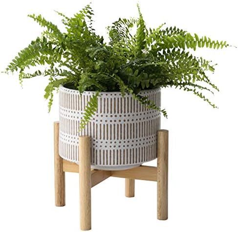 Ceramic Plant Pot with Wood Stand - 7.3 Inch Modern Round Decorative Flower Pot Indoor with Wood ... | Amazon (US)