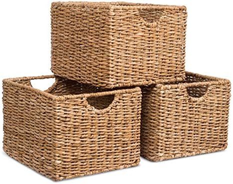BIRDROCK HOME Storage Shelf Organizer Baskets with Handles - Set of 3 - Seagrass Wicker Basket - ... | Amazon (US)