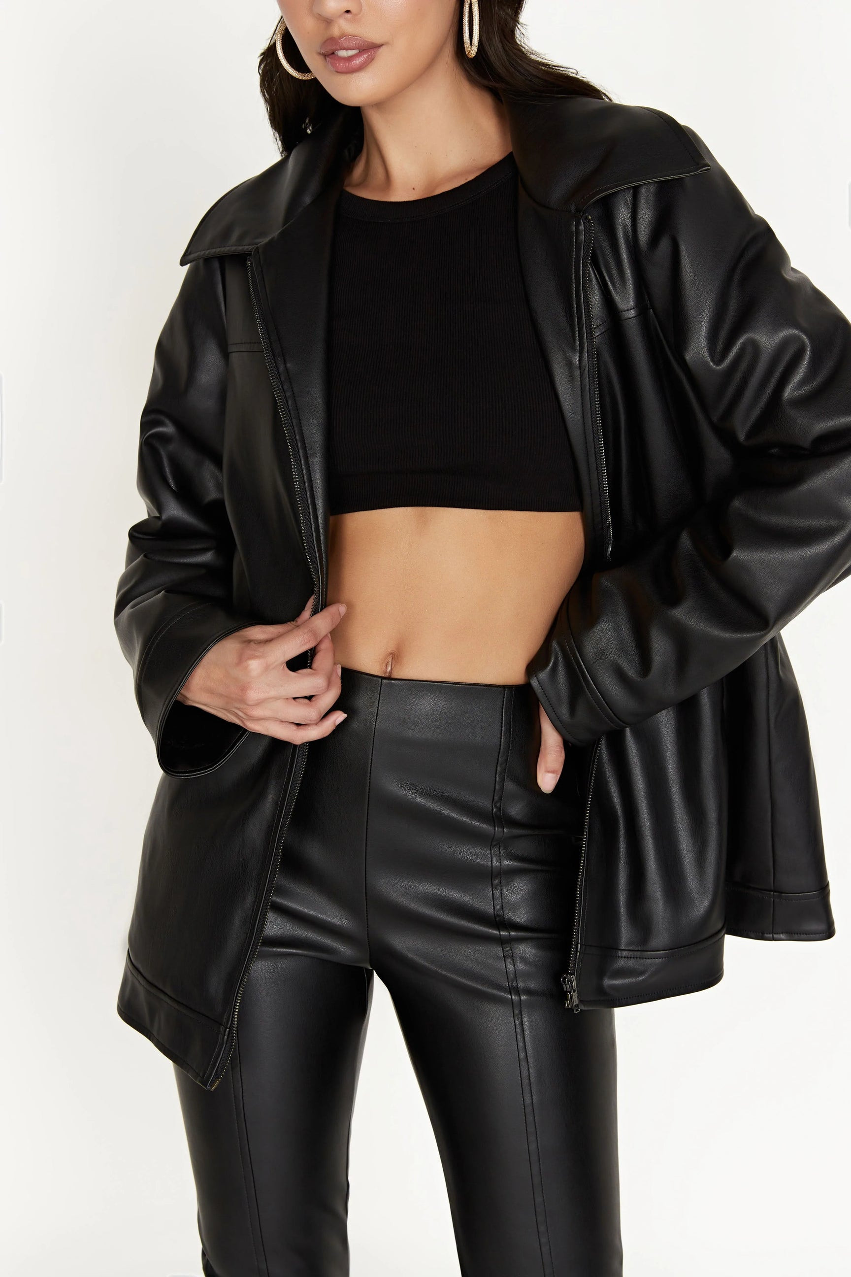 Savannah Faux Leather Aviator Jacket - Black | MESHKI US