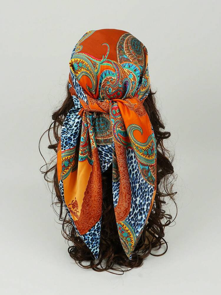 1pc Women Fashion 85 Square Scarf Moonlight Satin Paisley & Cashew Print Neckerchief, Geometric Print Head Wrap Bandana, Multipurpose Headband, Suitable For Daily Wear, All Seasons | SHEIN