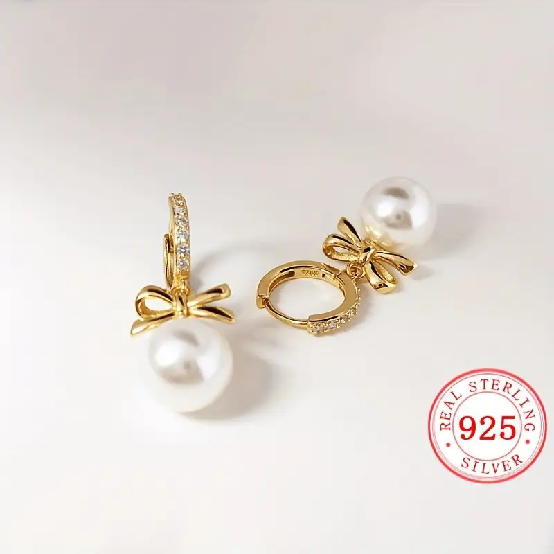 925 Sterling Silver Bow Faux Pearl Hoop Earrings Elegant - Temu | Temu Affiliate Program