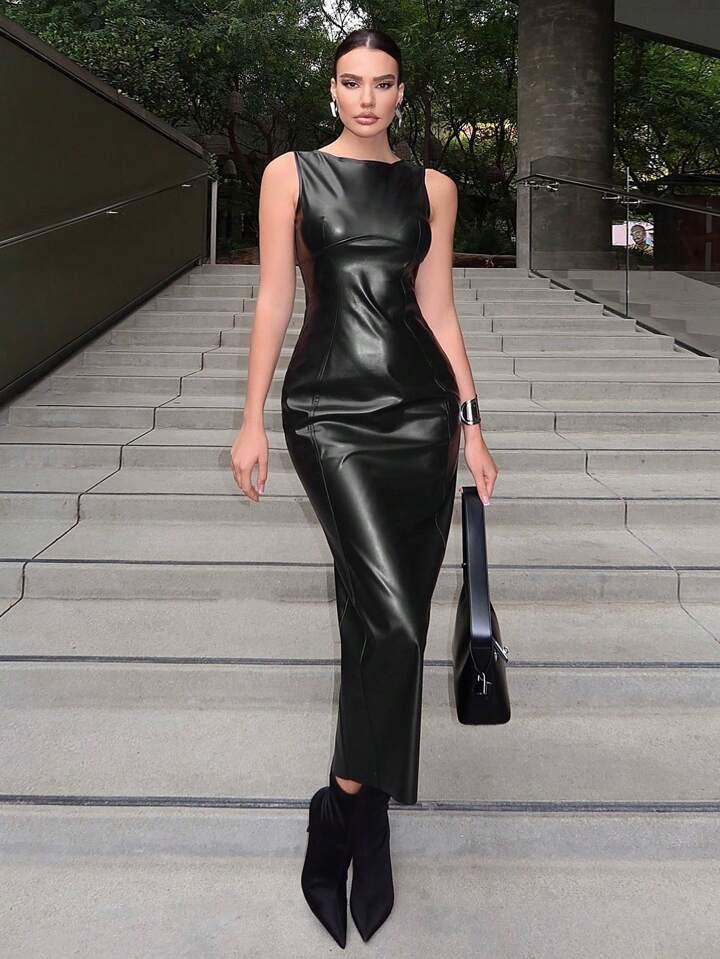 SHEIN Privé Solid PU Leather Bodycon Dress | SHEIN