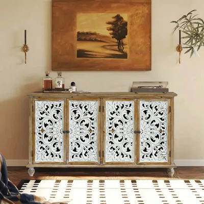 Accent Cabinet With 4 Doors, Farmhouse Sideboard Buffet Cabinet With Storage, Modern Credenza Storage Cabinet With Wood Carved Floral Doors For Living | Wayfair North America