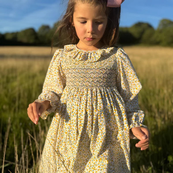 Katherine Johnson Dress Cloudberry Needlecord with Pinkberry Hand Smocking | Smock London