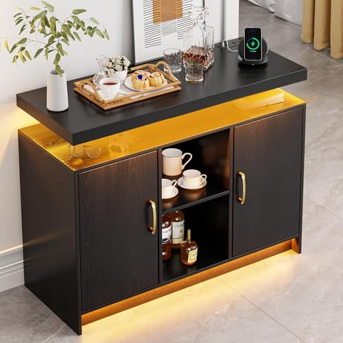 4 EVER WINNER LED Lights Coffee Bar Cabinet with Storage, Sideboard Buffet Cabinet with Charging Station, Black | Amazon (US)