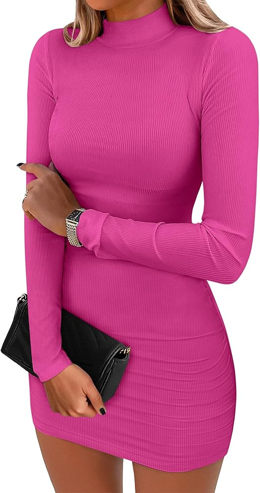 ANRABESS Women Long Sleeve Mock Neck Bodycon Mini Dress 2025 Fall Ribbed Slim Fit Pencil Cocktail... | Amazon (US)