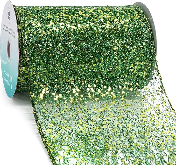 CT CRAFT LLC Sparkling Glitter Mesh Wired Ribbon 6" x 10 Yards Green for Christmas Home Decor Bow... | Amazon (US)