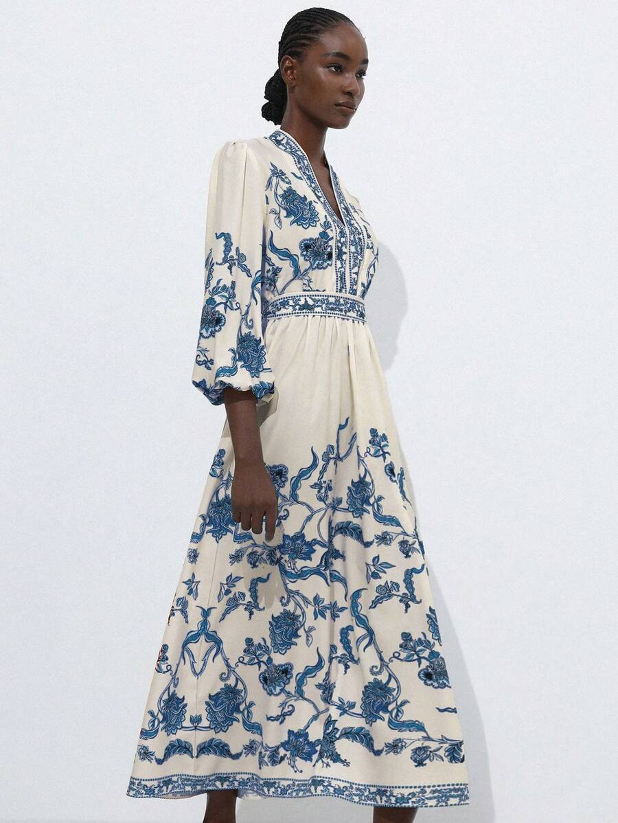 Aveloria Modichic Women's Loose V-Neck Puff Sleeve Floral Print Maxi Dress, Waist Cinched With Co... | SHEIN
