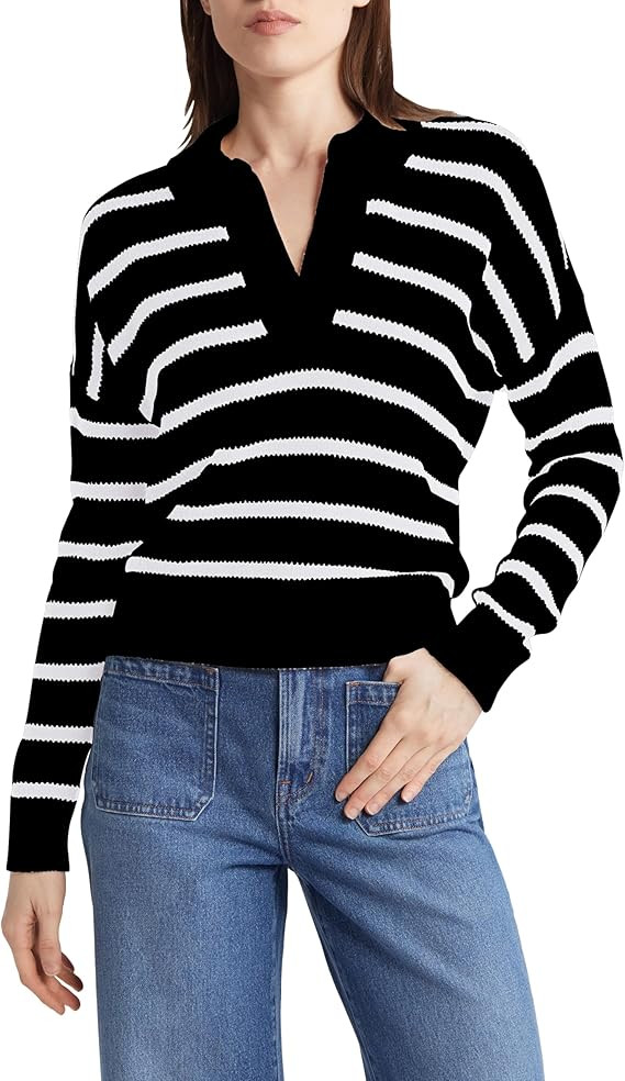 Womens Striped Pullover Long Sleeve V Neck Collar Knit Polo Sweater Casual Top | Amazon (US)