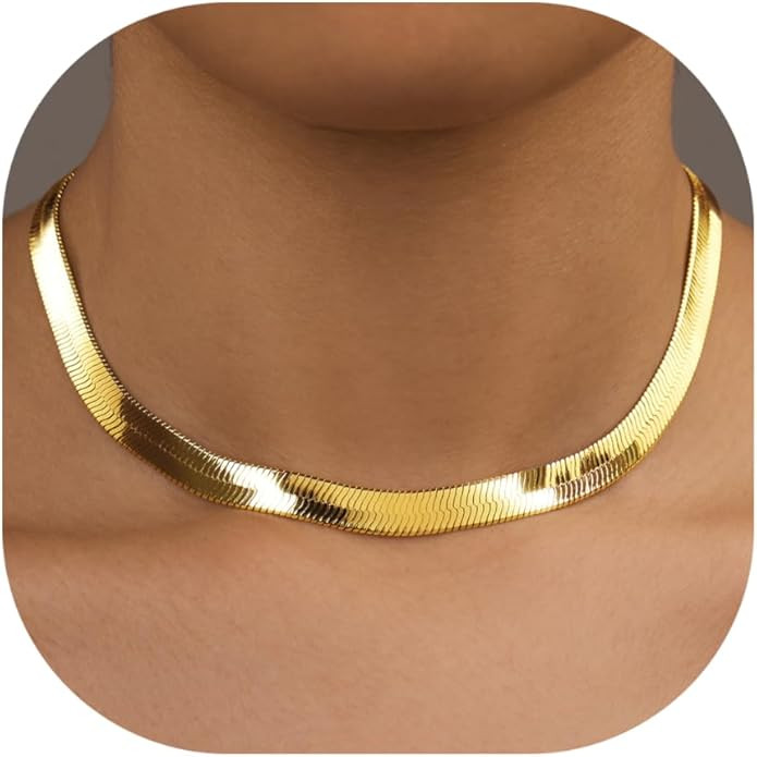 WomenGifts 14K Gold Silver Plated Herringbone Necklace for Women, Dainty Snake Chain Choker, Tren... | Amazon (US)