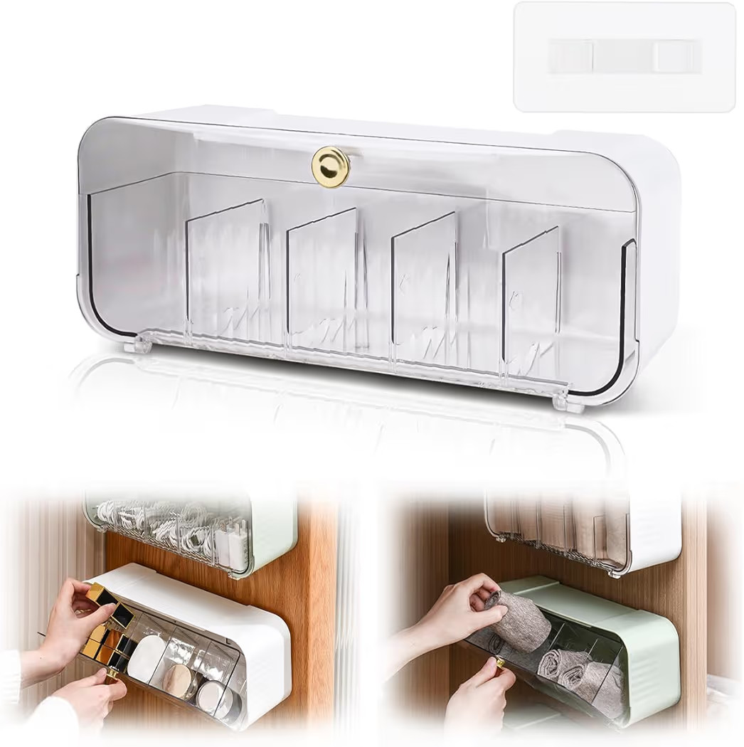 Socks Underwear Drawer Organizer, 5 Cell Compartments Acrylic Wall Mount Storage Boxes, Self-Adhe... | Amazon (US)