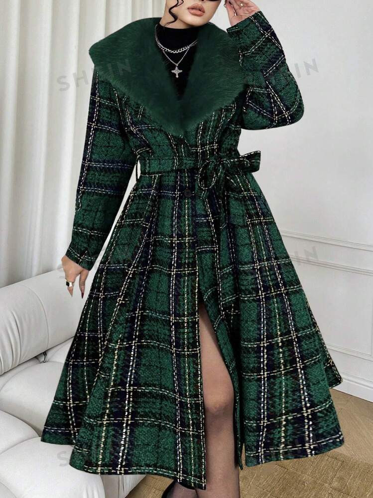 SHEIN MOD Plus Size Women Plaid Long Sleeve Long Elegant Button & Fur Collar Overcoat, Winter | SHEIN