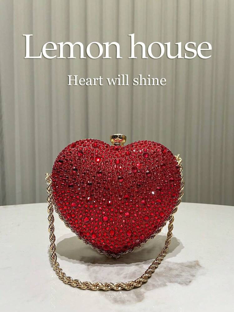 1pc Glamorous Sparkling Red Rhinestone Heart Shaped Clutch Bag, Cute Mini Heart Glitter Asymmetrical Handbag, Suitable For Evening Party, Wedding, Banquet, Celebration Events, Great Gift For Women, Valentine's Day , Valentines Gifts , Kawaii | SHEIN