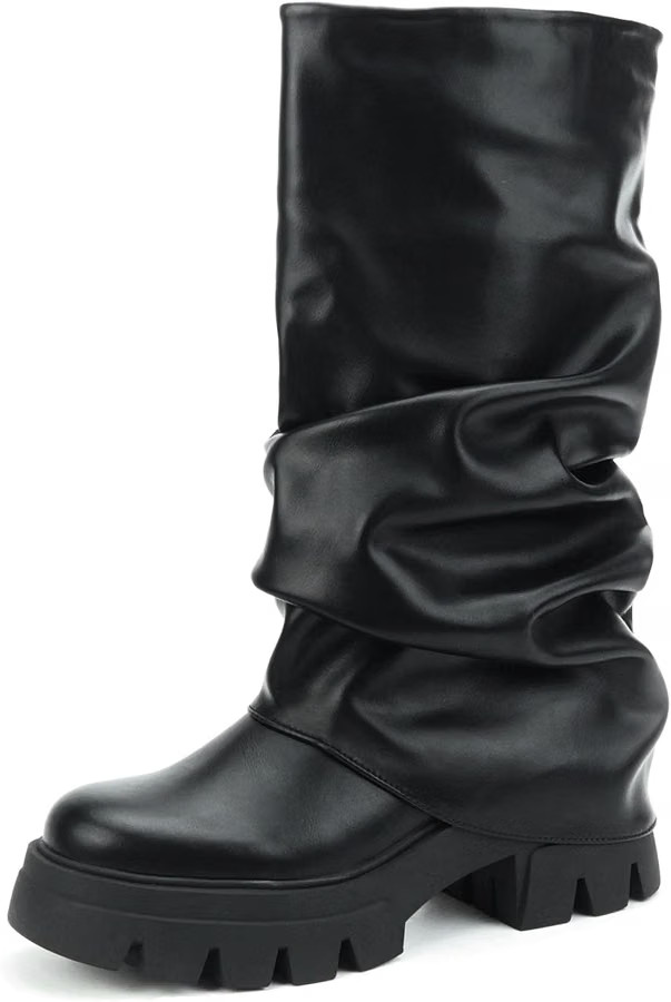 Women's Fold Over Boots Slouchy Platform Chunky Heels Ruched Mid Calf Boots | Amazon (US)