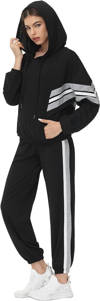 Women's Fall Hoodie Casual Sweatsuit Outfits 2 Piece Striped Tracksuits Sweatshirt & Drawstring P... | Amazon (US)