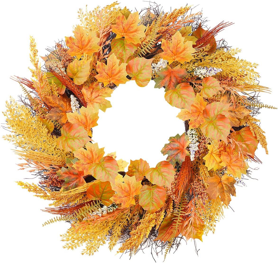 Wheat Wreaths for Front Door, DDHS 24” Fall Harvest Wreaths for Front Door Autumn Thanksgiv... | Amazon (US)