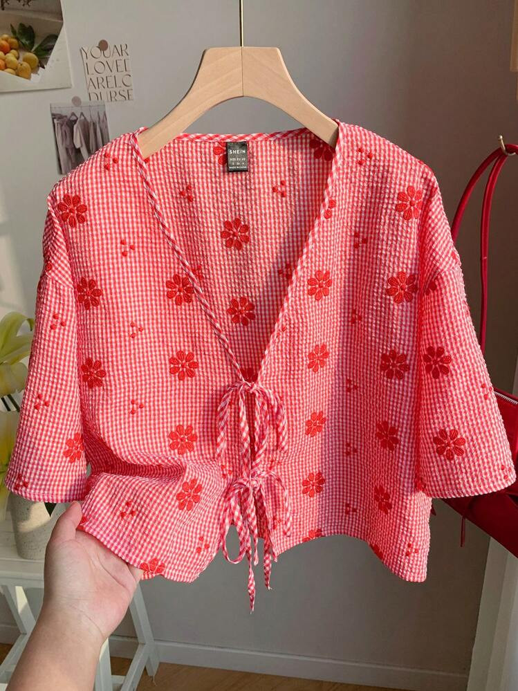 Comfortcana Plus Size Women's Red Plaid Embroidered Floral Knitted Bow Collar 3/4 Sleeve Shirt,Cu... | SHEIN