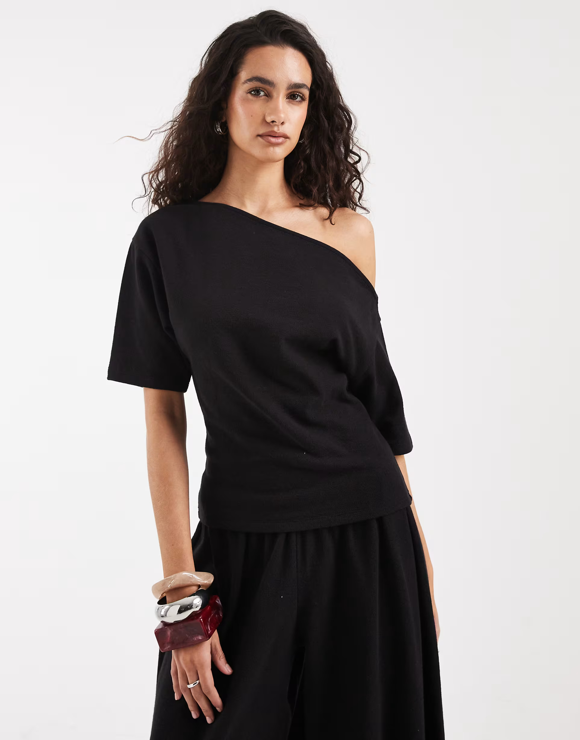 ASOS DESIGN textured off shoulder T-shirt in black - part of a set | ASOS (Global)