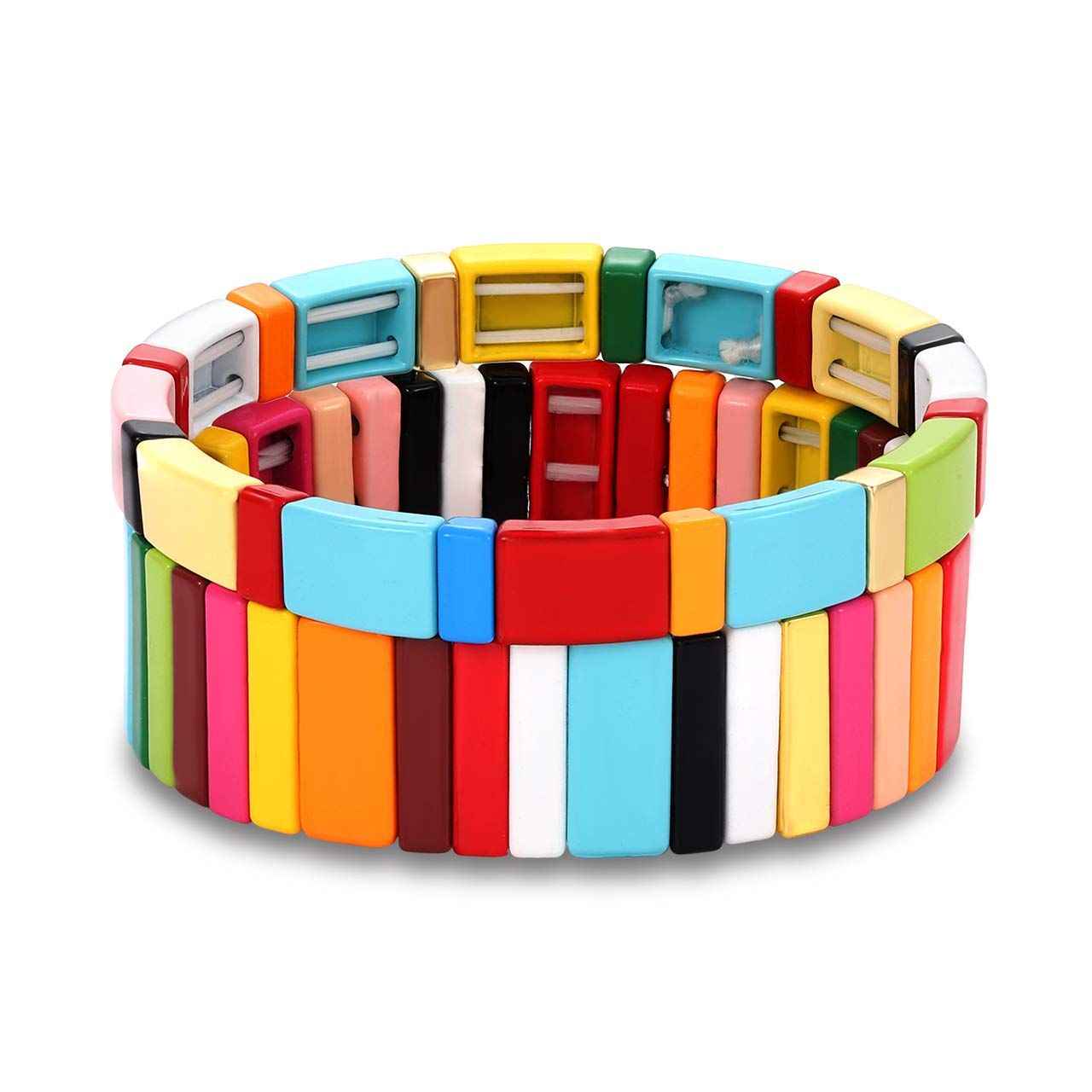 Enamel Tile Bracelets Rainbow Tile Bead Bracelets Elastic Colorful Rectangle Beaded Stretch Brace... | Amazon (US)