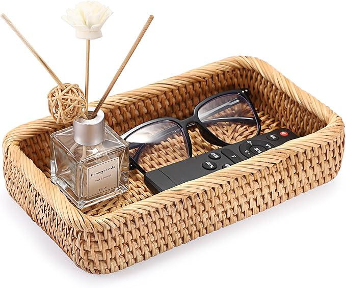 BTSKY Small Remote Basket for Coffee Table Entryway Living Room Rattan Serving Tray 10.1” x 6.1... | Amazon (US)