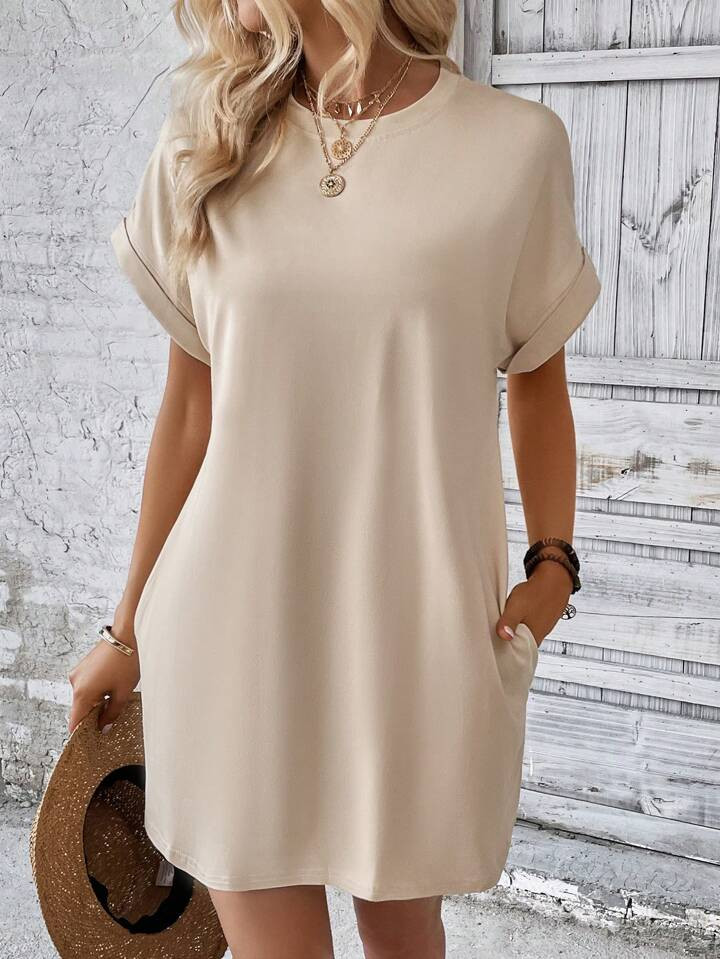 SHEIN LUNE Solid Batwing Sleeve Hidden Pocket Tee Dress | SHEIN
